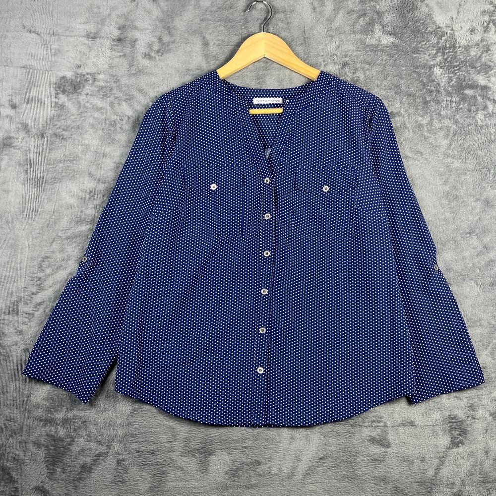 Notations Blouse Top Womens Small Blue Polka Dot Roll Tab Sleeve Button Front